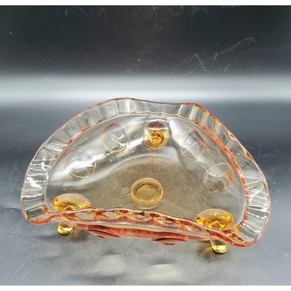 Vintage New Martinsville Glass Amber Thumbprint Footed Bowl Dish 7